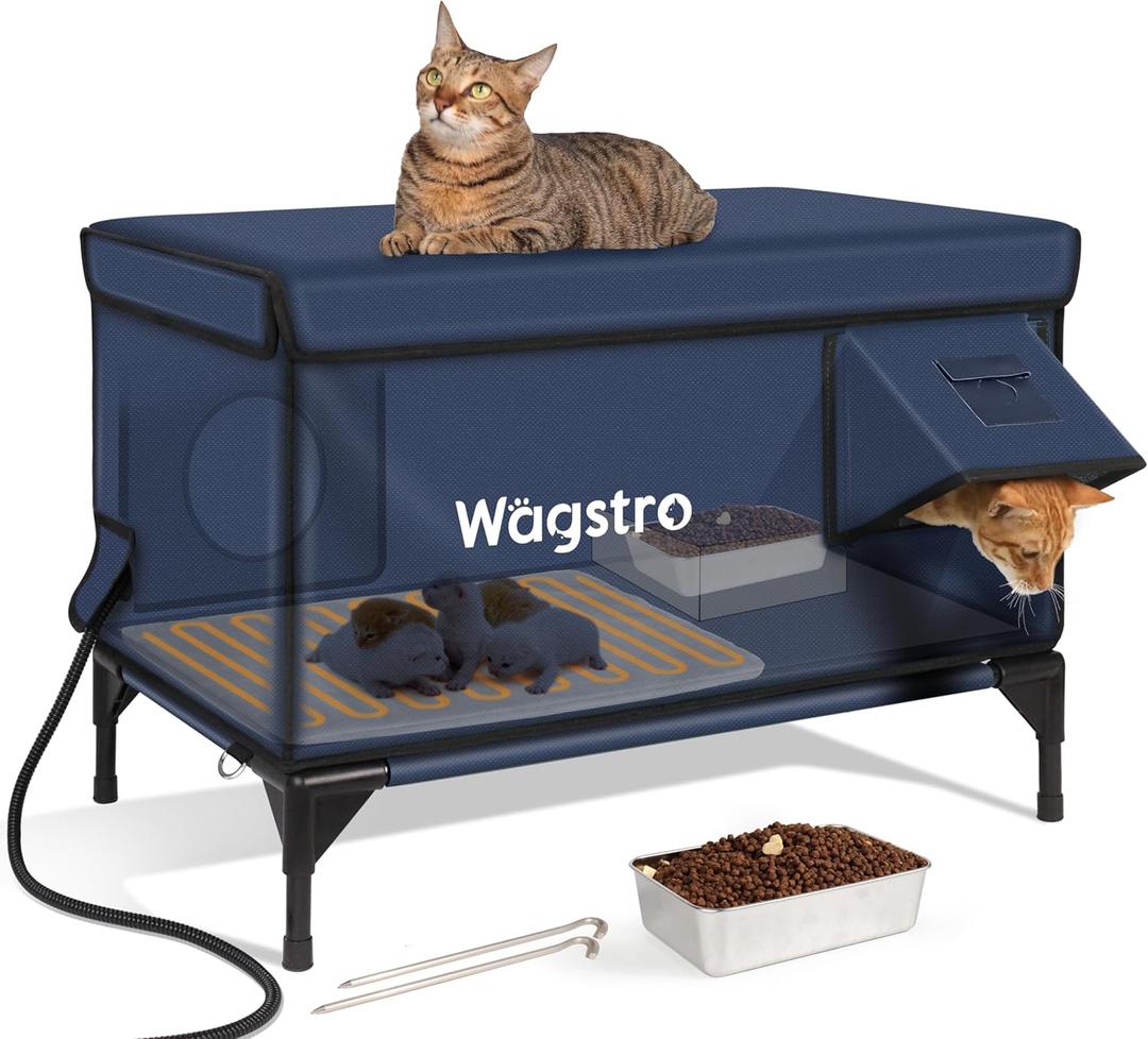 Ex-Large Heated Cat House for Outside in Winter, 100% Waterproof, Escape Door, 6" Elevated, Weatherproof Insulated Outdoor Cat House Shelter with Heater for Stray Feral Cat (Dark Blue, 29"x17"x20")