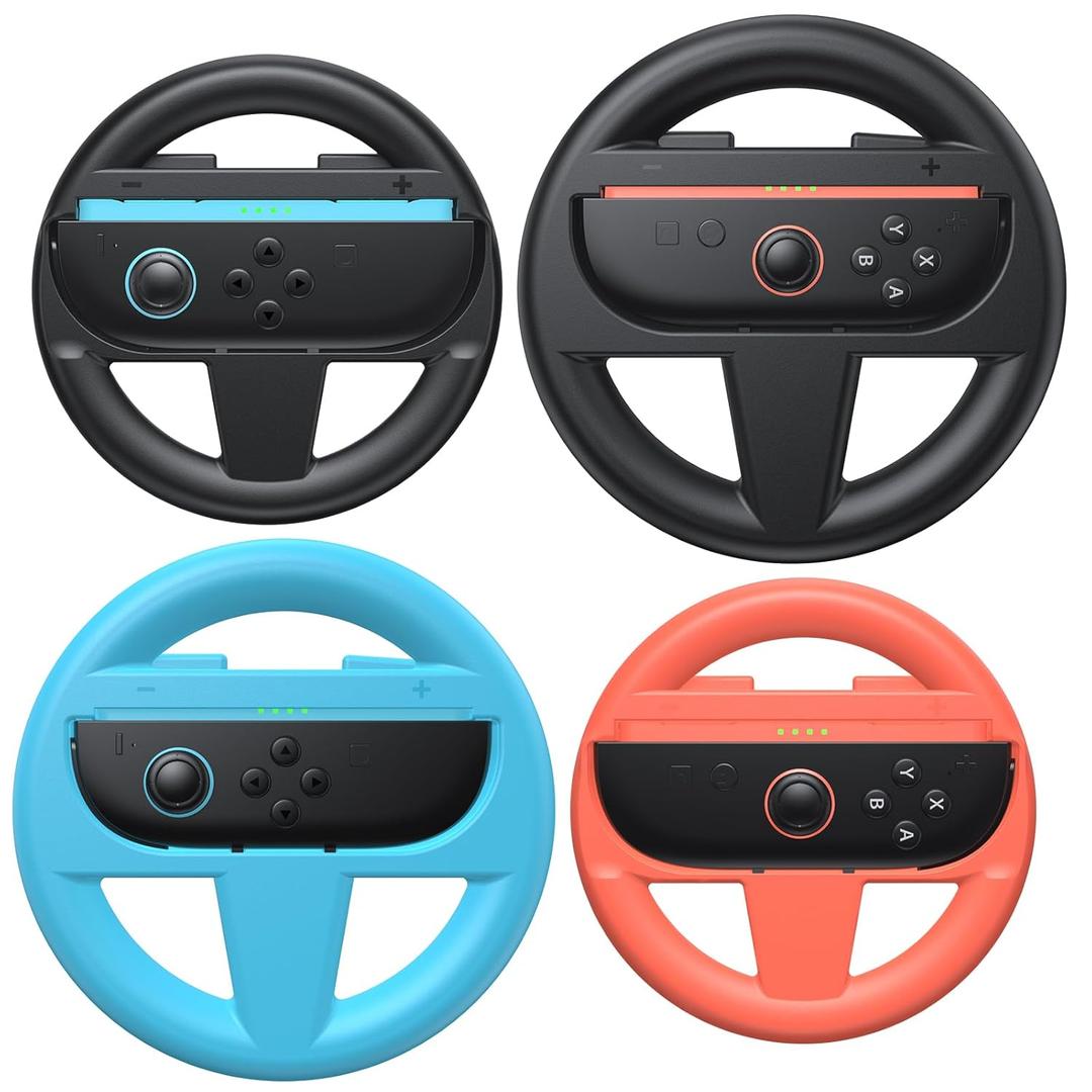 FASTSNAIL Steering Wheels for Nintendo Switch 2 (2025) for Joy-Con 2, Joypad Racing Wheel for Mario Kart World/8 Deluxe Gaming, 4 Pack Switch 2 Accessories for Joycon 2 (Black, Orange and Blue)