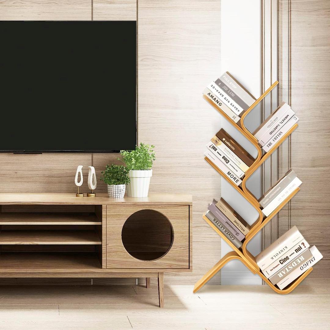 6-Tier Floor Bamboo Tree Bookshelf, Modern Standing Bookcase Office Book Storage Creative Curved Rack Organizer Shelves, Book Shelf Space Saver for Home Living Room Corner Bedroom, 6-tier Tree Shaped