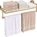 24" 2-Tier Flower Style Brass Foldable Towel Rack with Hooks, measures 24'' long by 10.2'' deep, 24.8"L x 9.84"W x 2.95"H