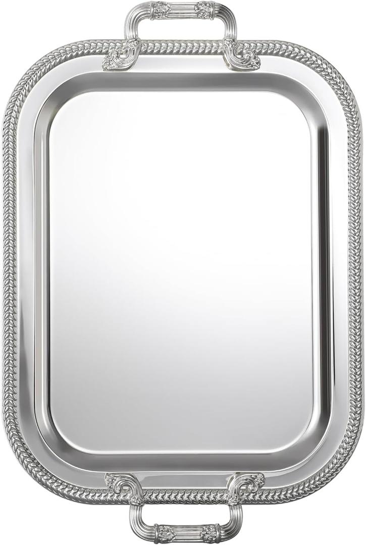 18.5"x14.5" Rectangular Silver Serving Tray with Handles, Beautiful Mirror Polished Finish, Lightweight Classic Metallic Decorative Silverplate Tray for Wedding Anniversary Birthday Holiday Gatherings