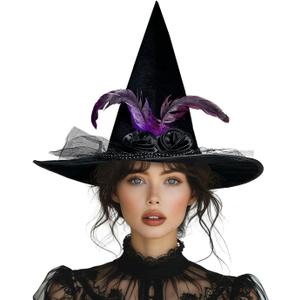 Halloween Black Witch Hats for Witch Costume women - Large Black Velvet Witch Hat with Purple Feathers and Choker Necklace, Great Accessories for Witches Costume for Adult Women