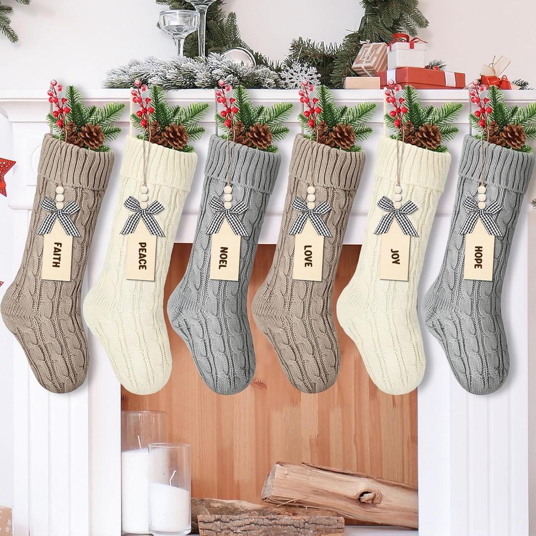 Zhanmai 6 Pack 18'' Khaki and Cream Cable Knit Boho Christmas Stockings Neutral Personalized Stockings with Wooden Name Tags Farmhouse Xmas Rustic Decorations for Family Holiday Decor (Classic Style)
