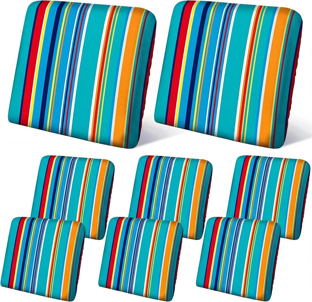 Geyoga 8 Pcs Patio Stretch Sofa Cushion Covers Outdoor Cushion Covers Replacement Waterproof Patio Furniture Couch Slipcovers Washable Chair Seat Soft Flexibility Protector (Blue Stripes)