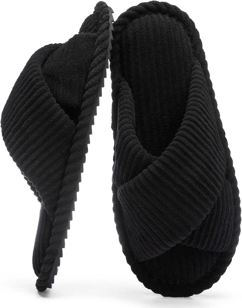 GOEWY Slippers for Women Memory Foam House Bedroom Corduroy Crossbands Open Toe Slides Sandals Shoes Comfy Trendy Gift for womens Anti-Skid sole (Black)