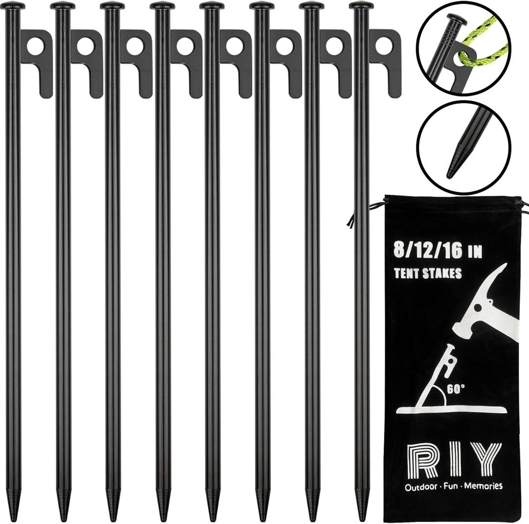8 Pack Tent Stakes Heavy Duty 12 inch Steel Tent Pegs for Camping Unbreakable and Inflexible (Black)