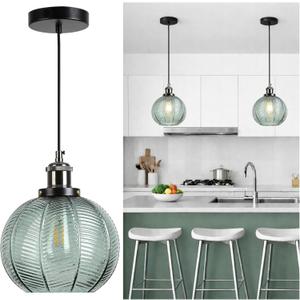 Green Glass Pendant Light, Globe Hanging Light for Kitchen Island, 6.7IN x 4.9IN