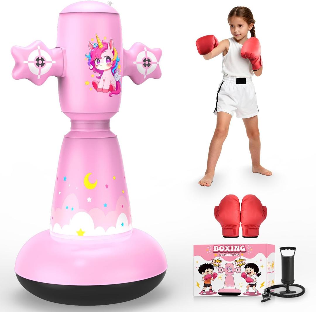 58 Inch Punching Bag for Kids Ages 3-8, Inflatable Boxing Bag with Stand, Boxing Gloves, Stickers & Pump, Stable Freestanding Punching Bags for Girls, Christmas Birthday Gifts Toy