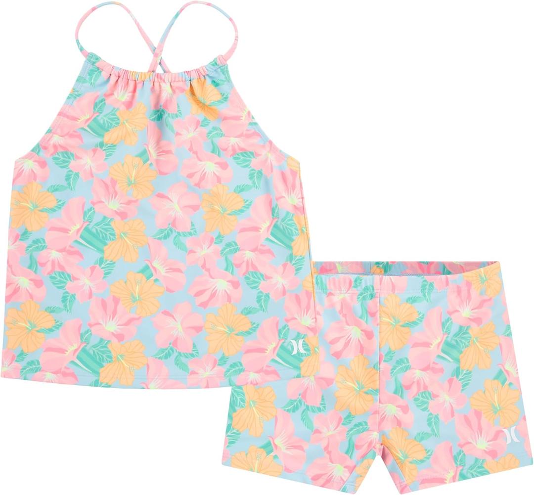 Hurley Girls' Boyshort Tankini 2-Piece Swimsuit (10, Blue Ice/Boyshort)