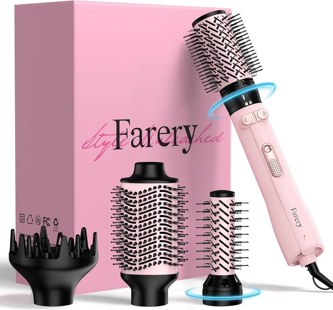 4-in-1 Rotating Hair Dryer Brush Set  1000W for Fast, Easy Volume with Interchangeable 1.25" & 2" Rotatable Brushes, Oval Volumizer, and Diffuser  One Step Styling with Dual Bristles