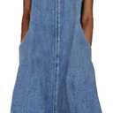 Womens Casual Sleeveless Maxi Denim Dress Crewneck Vintage Loose Long Vest Jean Dress with Pockets, Medium