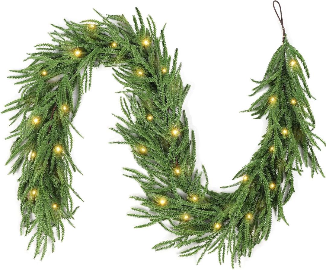 Pre-Lit Thickened Upgraded Realistic Artificial Norfolk Pine Garland - Thick Lush Full Faux Greenery Christmas Garland with Lights for Fireplace Mantle, Indoor Outdoor Holiday Home Party Decorations