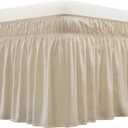 Wrap Around Bed Skirt Three Fabric Sides Elastic Dust Ruffled 16 Inch Tailored Drop,Easy to Install Fade Resistant-Beige, Queen/King