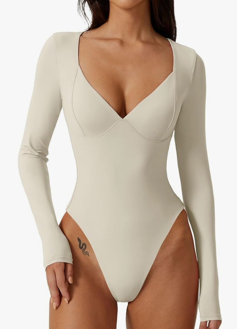 QINSEN Women's Long Sleeve Bodysuit V Neck Body Suits Seamed Cup Going Out Tops Shirt(M)
