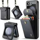 ASAPDOS Crossbody Case Compatible with Samsung Galaxy Z Flip 5, Retro PU Leather Strap Wristlet Flip Case with Magnetic Closure and Card Holder for Men Women, Black