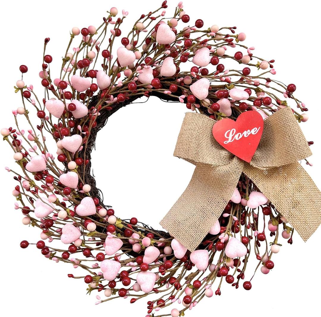 TEMPUS 18" Artificial Valentine's Wreath, Pink and Red Heart Berry Wreath for Front Door Wall Party Wedding Decorations, for Girl Friends for Valentine's Day