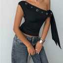 SweatyRocks Women's Y2K One Off The Shoulder Tops Punk Tie Knot Going Out Crop Tank Top (Black, S)