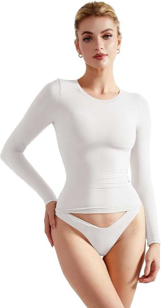 SUUKSESS Women Double Lined Fitted Basic T Shirts Crew Neck Long Sleeve Crop Top (Small)