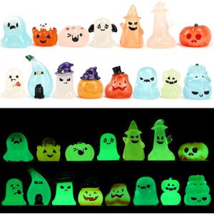 Jansun 45pcs Halloween Luminous Mini Resin Figurines, Glow in The Dark Pumpkin Ghosts Decorations for DIY Crafts Halloween Party Gifts Garden Dollhouse Decor Table Decoration(15 Style) (Colorful)
