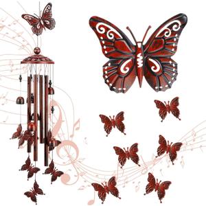 35" Christmas Butterfly Wind Chimes for Outside Garden Decor with 4 Aluminum Tubes and 6 Charming Bells for Patio Porch Yard Decor, Christmas Gifts for Women Mom Grandma(Red and Black)