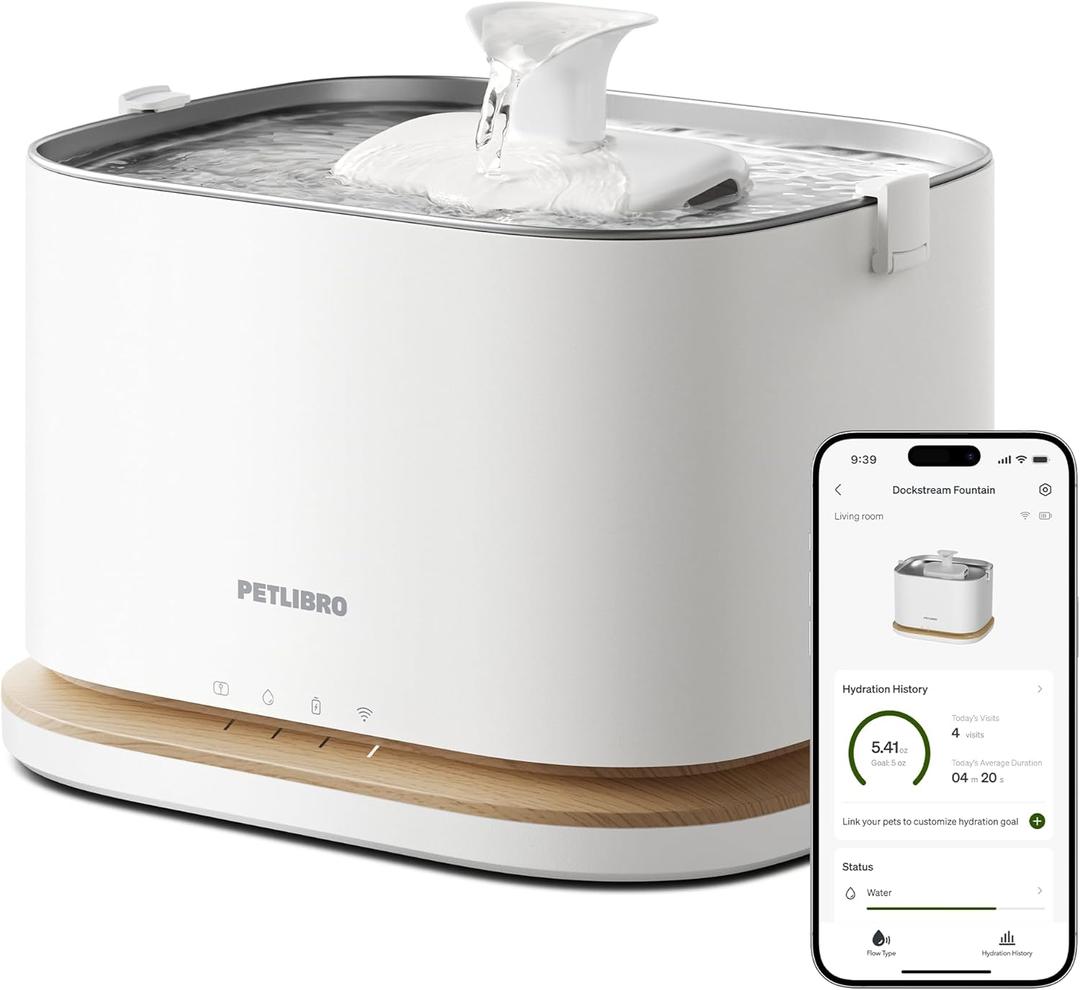 PETLIBRO Upgrade Cat Water Fountain, Cordless Cat Fountain Battery Operated, App Monitoring 3L/101oz Dockstream 2 Pet Water Fountain with Stainless Steel Tray, 5GHz WiFi Dog Water Bowl Dispenser, White