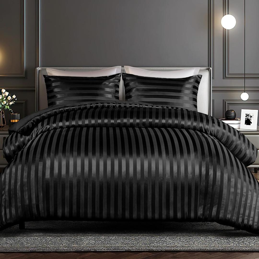 Whale Flotilla 3-Piece Reversible Silky Soft King Size Comforter Set, Luxury Stripe Satin Oversized Comforter Bedding Set with 2 Satin Pillowcases, Lightweight Duvet for All Seasons, Black