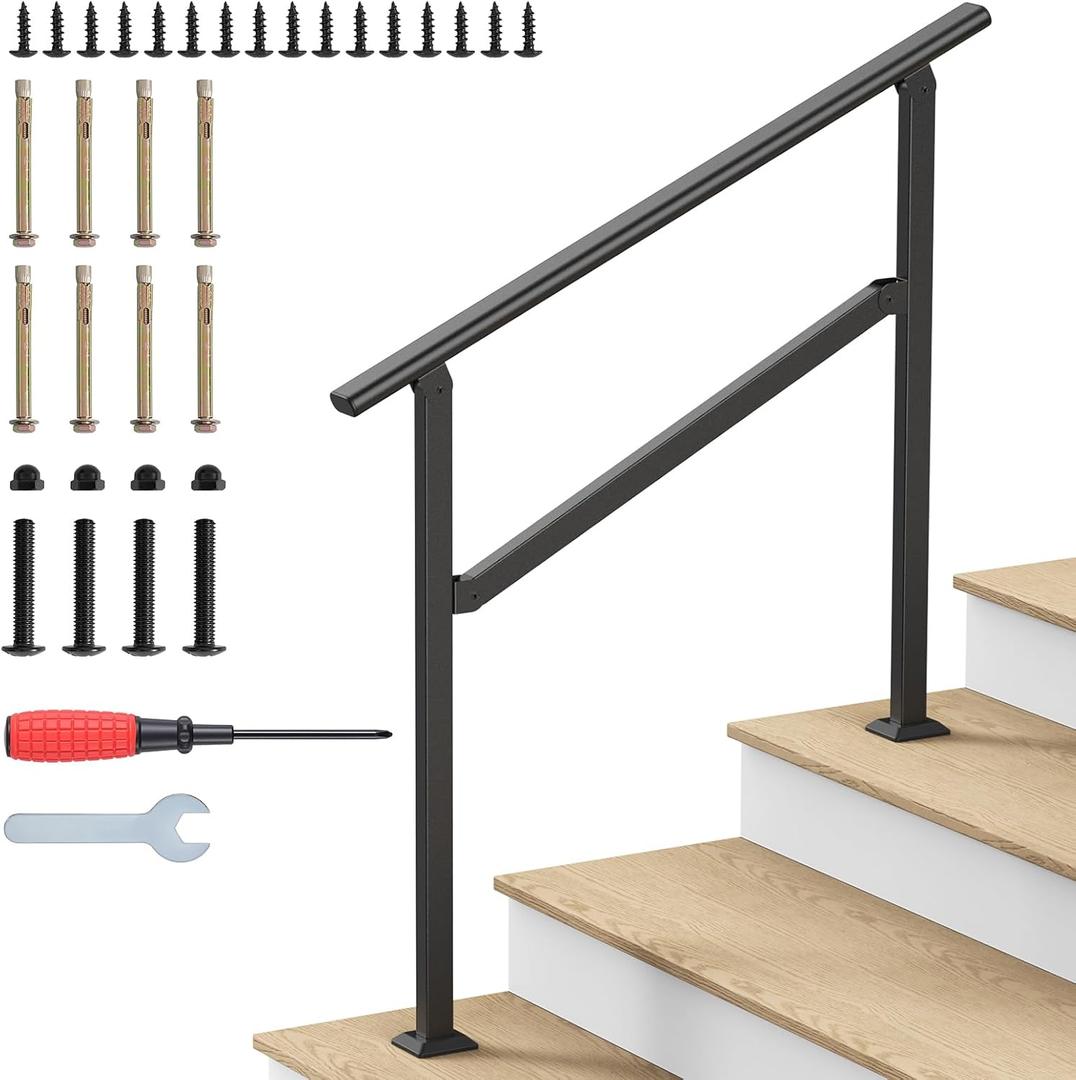 Hand Rails for Outdoor Steps, 3-4 Steps Wrought Iron Handrails for Outdoor Steps, Stair Railing for Porch, Home, Garden, Indoor, Staircase Handrails for Wooden, Cement, Brick, Marble (3 Steps)