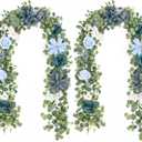 Waipfaru 2Pcs Artificial Eucalyptus Garland with Flowers 6.07Ft, Wedding Table Decorations, Floral Rose Garland for Centerpieces Backdrop Wall Flower Vines for Room Decor (Dusty Blue) (2 Pack)
