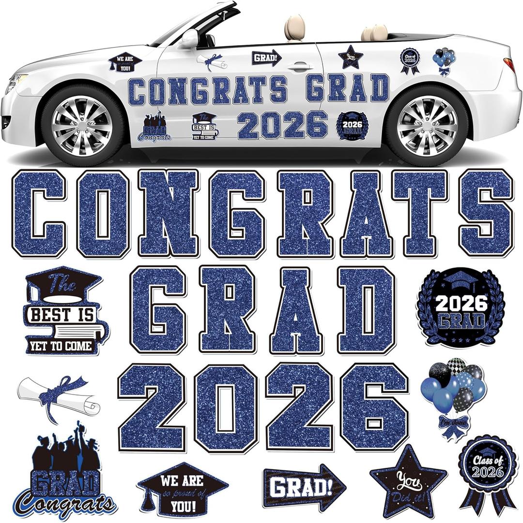 2026 Graduation Car Magnets Decorations Congrats Grad Car Magnets Stickers Blue and Black Graduation Car Decorations for Cars Metal Surface Fridge Garage Mailbox Graduation Party Supplies