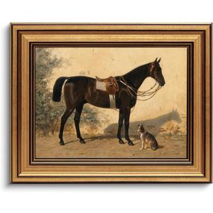 Gold Framed Wall Art Vintage Horse and Dog Canvas Art Farmhouse Animals Picture Wall Decor Antique Prints Rustic Paintings Country Artwork for Bedroom Bathroom Living Room 8x10 Inch