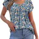 onlypuff Womens T Shirts Short Sleeve Pleated Floral Tunic Tops Dressy Casual Crew Neck Summer Boho Tops Blouses (Blue, L)