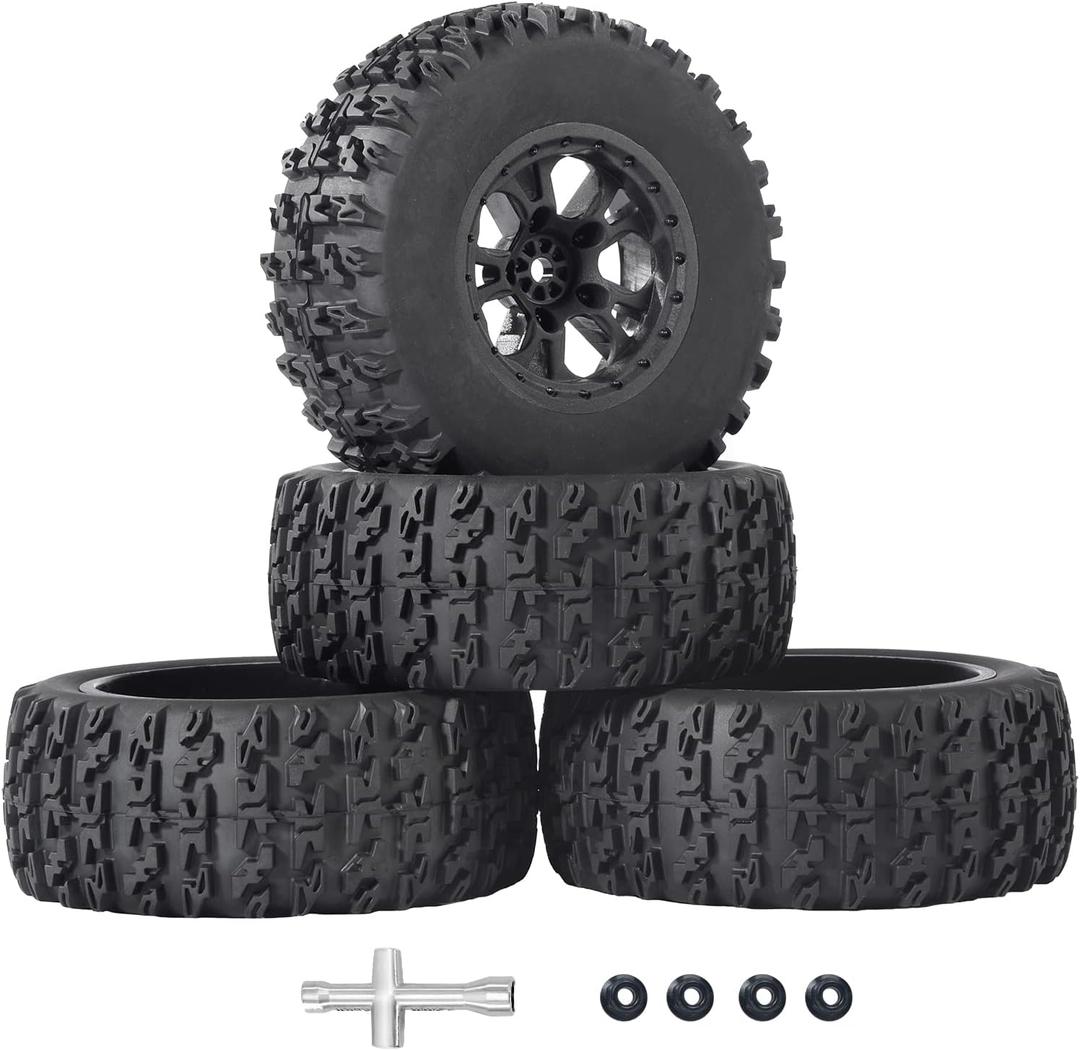 RC Station 12mm Hex RC Wheels and Tires 4PCS 1/10 Scale RC Short Course Truck Tires for 4x4 2WD Traxxas Slash Arrma Senton Tires and Wheels Preglued with Foam Inserts RC Wheel Rim and Tires