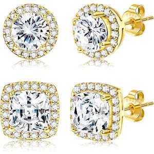 Hayoso 18K Gold Plated Halo Stud Earrings 925 Sterling Silver Cubic Zirconia Stud Earrings Round Square Diamonique Stud Earrings Set for Women Men