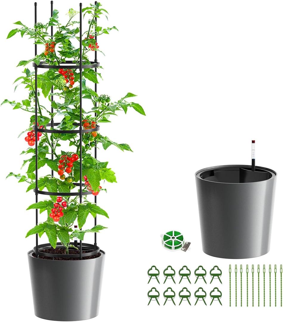 UrGROWA Tomato Planter Box with Trellis, Self Watering Rolling Raised Garden Bed with Water Level Monitor for Climbing Vegetables Plants Cage, Garden Planters Plant Pots for Plants Flowers Decor