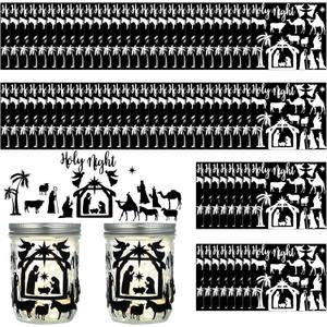 Nezyo 60 Sheet Nativity Scene Stickers Christmas Religious Jesus Mason Jar Decals Holy Night Fairy Stickers Nativity Silhouette Craft Waterproof Vinyl Adhesive Reusable Window Clings for Party Black