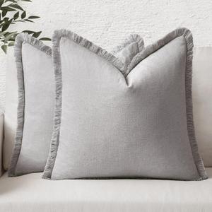 MIULEE Decorative Throw Pillow Covers Neutral Linen Fringe Throw Pillows Set of 2 Light Grey Boho Farmhouse Cushion Covers with Tassels for Couch Sofa Bed Living Room Spring Home Decor 18x18 Inch