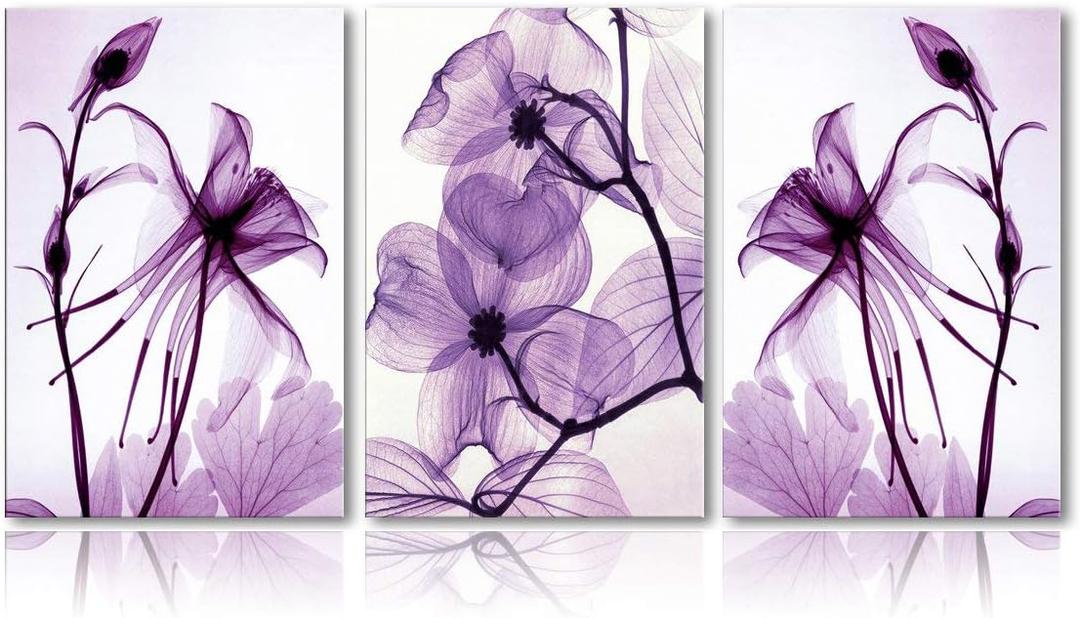 Canvas Wall Art Home Decor - Purple Flowers Painting Wood Inside Framed 3 Panel for Living Room - Ready to Hang (16''x24''x3panel)