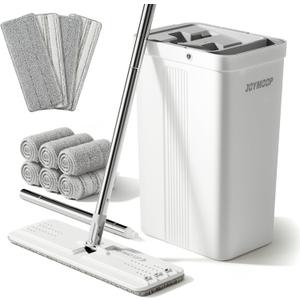 JOYMOOP Mop and Bucket with Wringer Set with 61" Mop Handle with Flexible 13" Flat Head with 10 pcs Microfiber Mop Pads - White