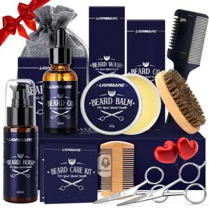 Lionmane Valentine's Day Beard Care Gifts Kit for Men, Beard Mustache Grooming Kit -Beard Balm, Beard Wash, Beard Oil, Brush, Scissors, Birthday Anniversary Daily Gifts for Husband/Boyfriend/Dad/Him