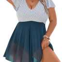 Blooming Jelly Women's Plus Size Bathing Suit One Piece Swim Dress Tummy Control Swimsuits Ruffle V Neck Swimwear (Striped Blue, 3X-Large)