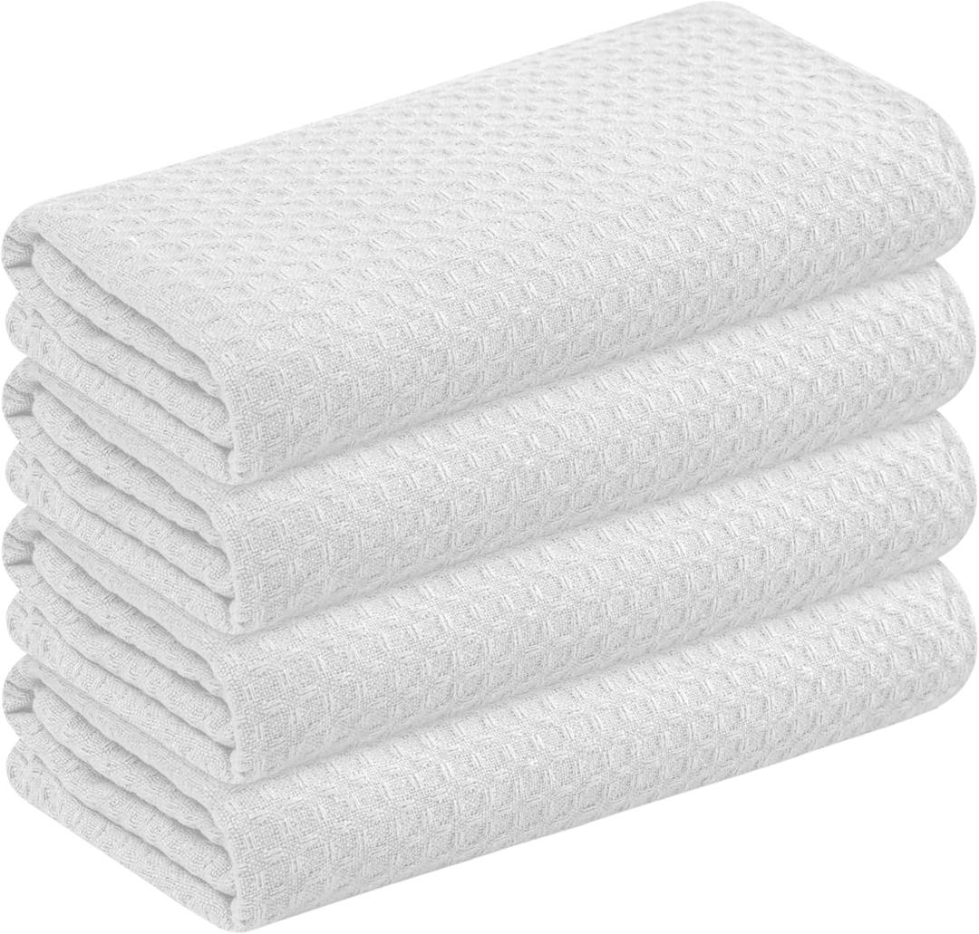 White Waffle Kitchen Towels Set of 4-100% Cotton, Super Absorbent, Soft, Quick Drying, 16x26 Inches, with Hanging Loop, Perfect for Dish Drying, Cleaning, Bar & Everyday Use