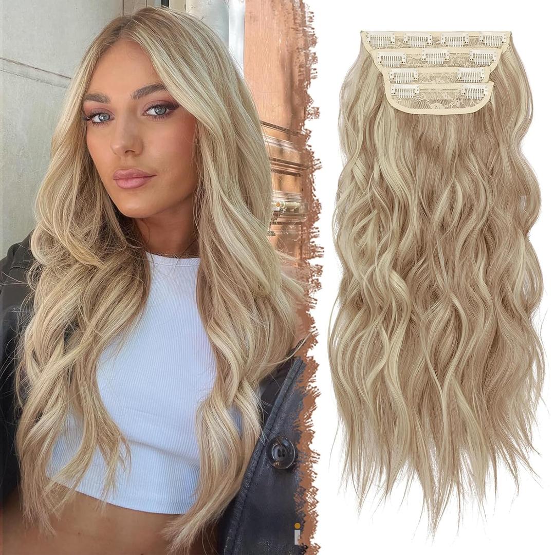 FESHFEN Clip in Hair Extensions - 4 PCS Long Wavy Thick Highlighted Clip in Hairpieces Full Head Synthetic Hair Extension for Women, Caramel Brown Mixed Beige Blonde 20 Inch