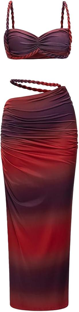 Women's Two Piece Skirt Sets Summer Beach Sexy Ruched Backless Cami Top And Cut Out Skirt Night Out Dress (M)