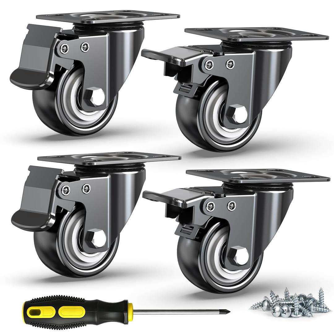 HOLKIE 2 Inch Heavy Duty Caster Wheels Set of 4, Load Capacity 600 lbs Swivel Plate Casters with Dual Total Lock Brake, Noiseless Non-Marring PU Wheels for Workbench, Furniture, Cart, Hardwood Floor