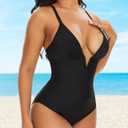SHAPERIN Women's One Piece Swimsuit Deep V Neck Bathing Suits Tummy Control Push Up Padded Swimwear (Black, L)