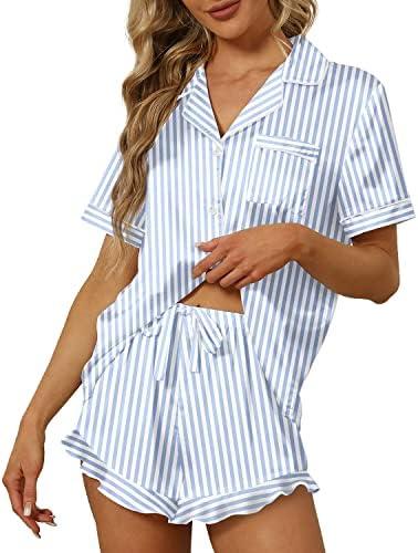 SAPJON Satin Silk Pajamas for Women 2Pcs Ruffle Notch Collar Sleepwear Button Down Short Sleeve Shorts Pjs Set Loungewear Size S without short