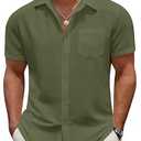 COOFANDY Men's Casual Button Down Short Sleeve Shirt Textured Summer Beach Vacation Shirt Army Green, M