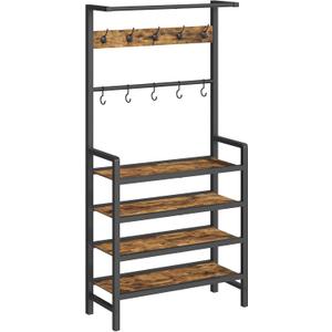 YATINEY Hall Tree, Coat and Shoe Rack, Entryway Coat Rack with 4-Tier Wooden Shoe Rack and 10 Hooks, Freestanding Hall Tree with Shoe Storage for Entryway, Hallway, Rustic Brown and Black MT09BR