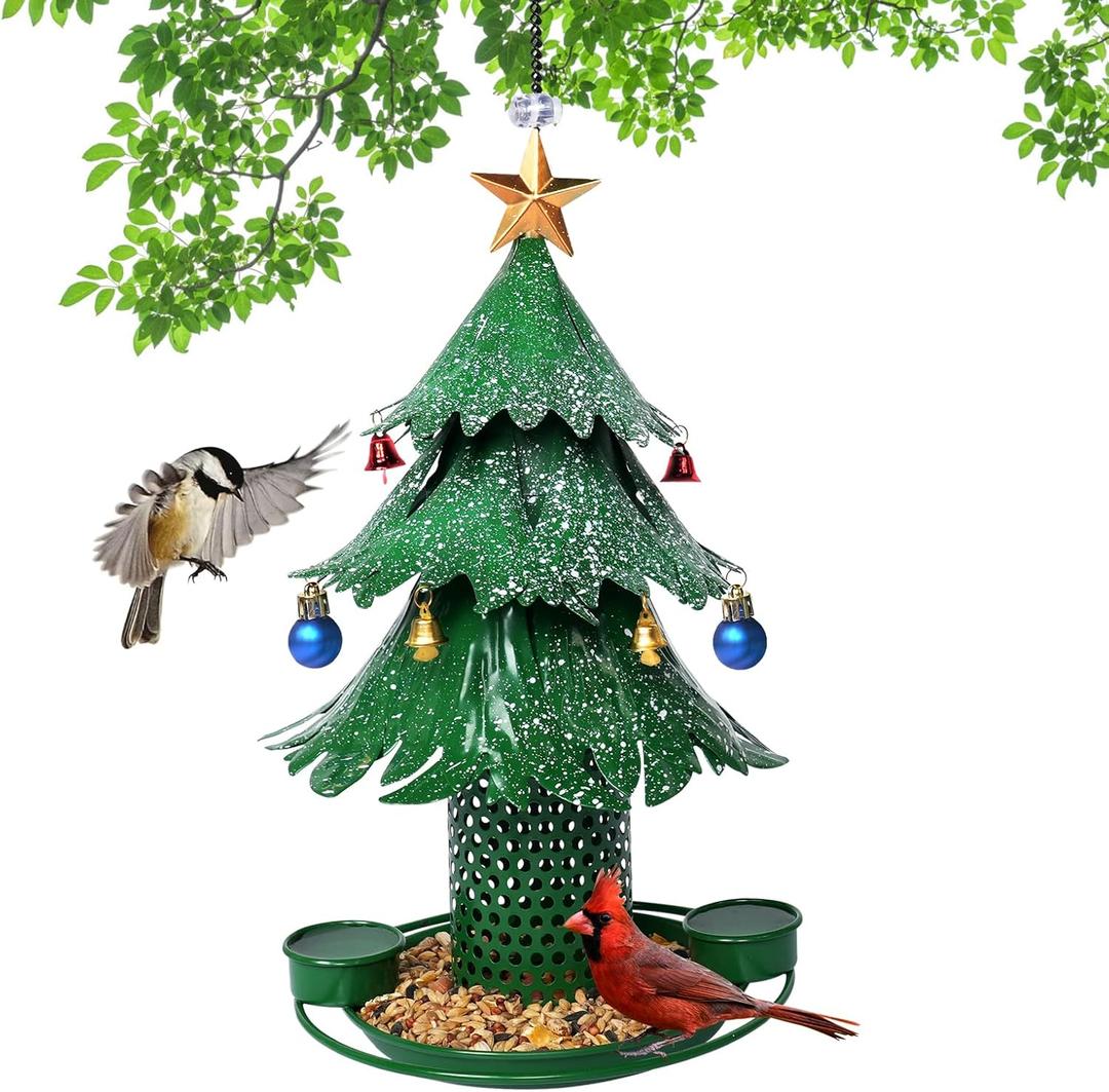 Christmas Tree Bird Feeders for Outdoor, Metal Hanging Outdoors, Wild Bird Feeders Cardinal as a Great Gift for Bird Lovers.Christmas Decorations (Green)