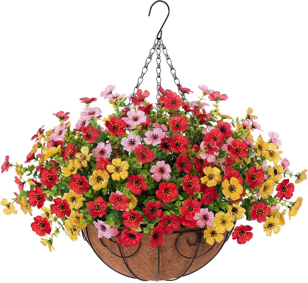 Artificial Flowers Hanging Basket for Outdoor Spring Summer Decor, Fake Silk Colorful Daisy Eucalyptus in 12" Metal Coconut Lining Pot Arrangement for Home Patio Yard Decor
(Red Yellow Pink)